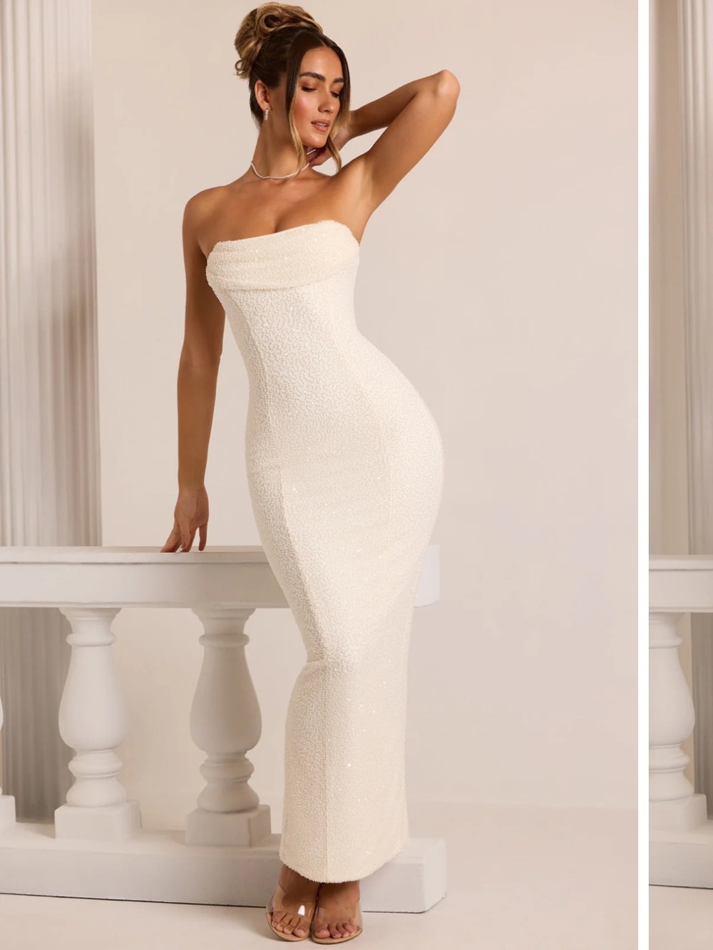 White Embellished Bandeau Cowl Neck Maxi Dress